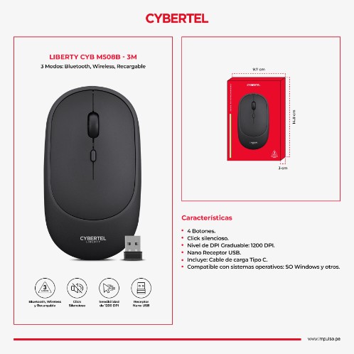 MOUSE RECARGABLE CYBERTEL LIBERTY 3 M508  | CYB M508B  BLACK, GRIS
