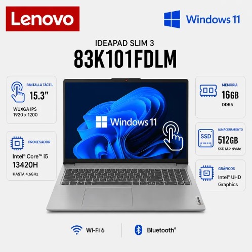 NB LENOVO IDEAPAD SLIM 3 15IRH10, I5-13420H, 16GB RAM, 512GB SSD, 15.3 WUXGA TACTIL | 83K101FDLM